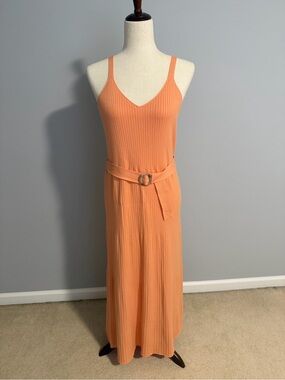 Fashion Union Peach Ribbed Midi Dress W/ Belt